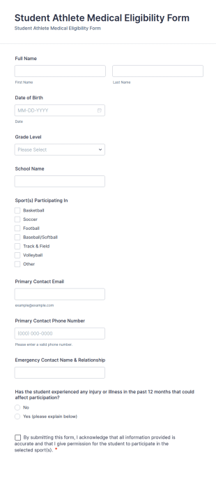 Student Athlete Medical Eligibility Form Template