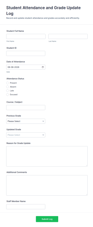 Student Attendance And Grade Update Log Form Template