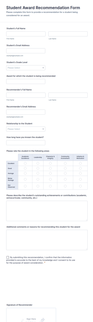 Student Award Recommendation Form Template