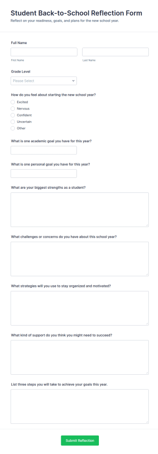 Student Back To School Reflection Form Template