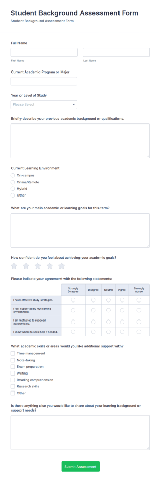 Student Background Assessment Form Template