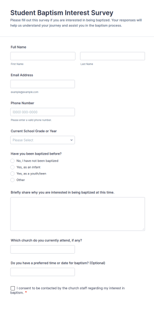 Student Baptism Interest Survey Form Template