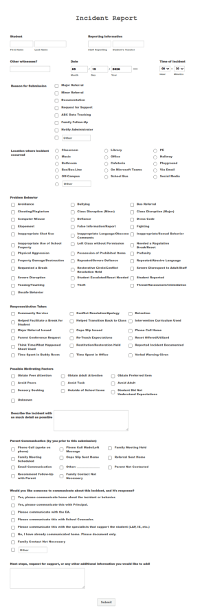 Ridgewood Behavior & Incident Documentation Form Template