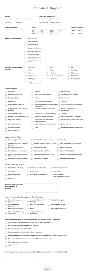 Ridgewood Behavior & Incident Documentation Form Template