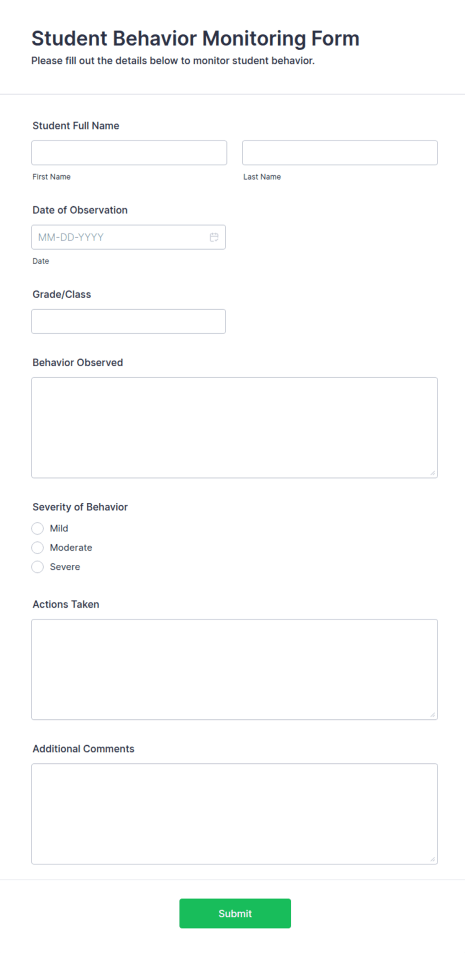 Student Behavior Monitoring Form Template | Jotform