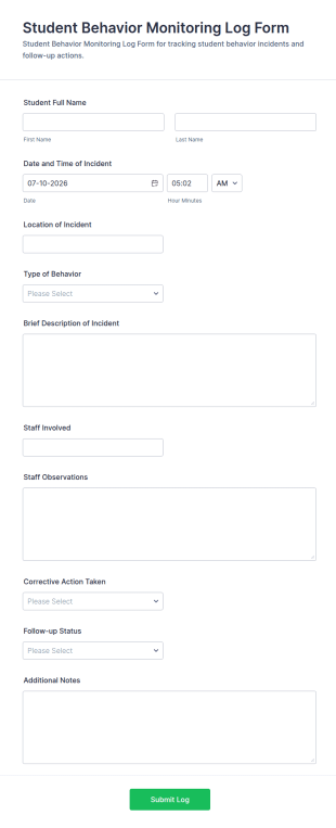 Student Behavior Monitoring Log Form Template