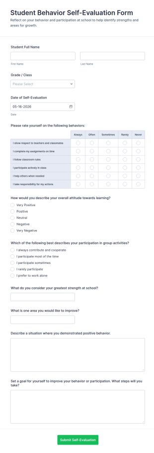 Student Behavior Self Evaluation Form Template
