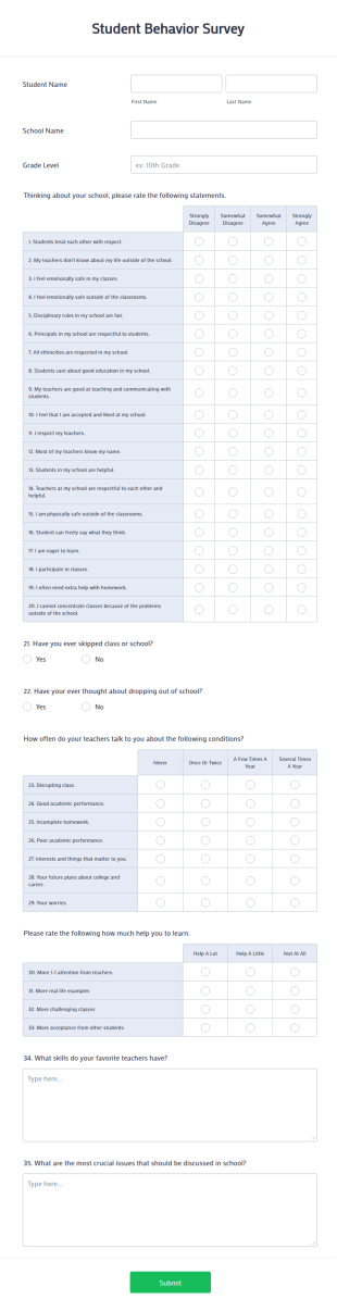 Student Behavior Survey Form Template
