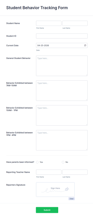 Student Behavior Tracking Form Template