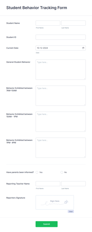 Student Behavior Tracking Form Template