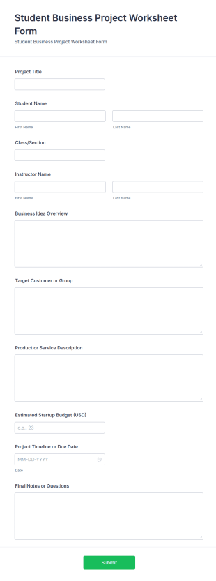 Student Business Project Worksheet Form Template