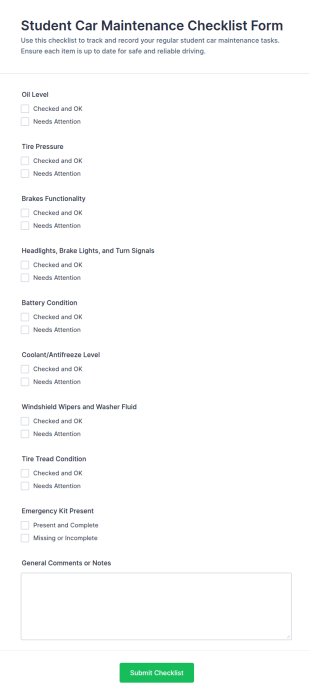 Student Car Maintenance Checklist Form Template