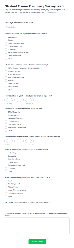Student Career Discovery Survey Form Template
