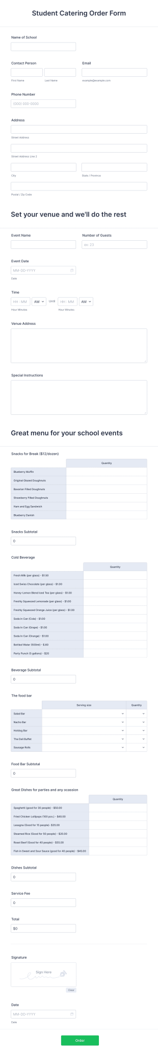 Student Catering Order Form Template