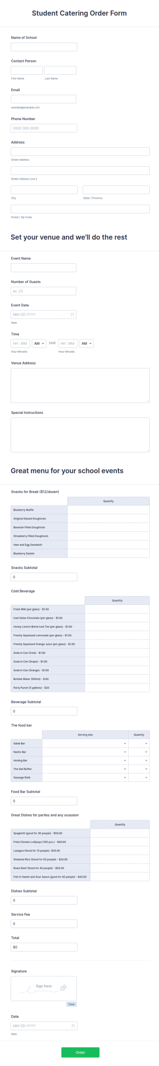 Student Catering Order Form Template