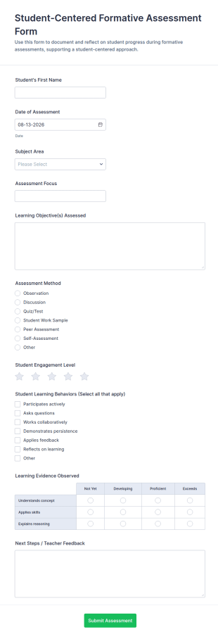 Student Centered Formative Assessment Form Template