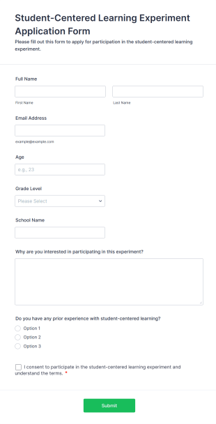Student Centered Learning Experiment Application Form Form Template