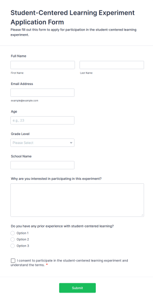 Student Centered Learning Experiment Application Form Template