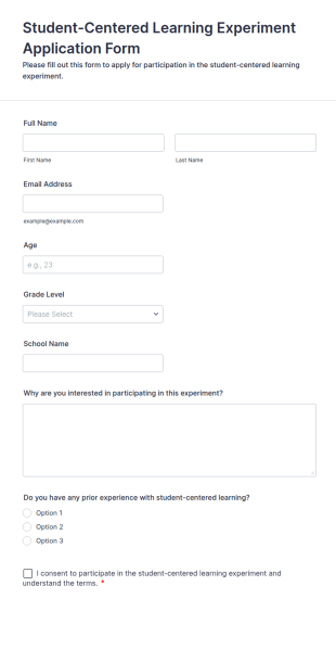Student Centered Learning Experiment Application Form Template