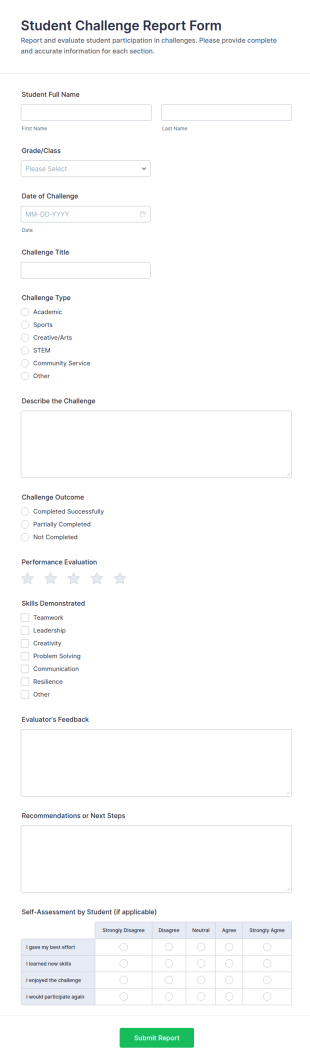 Student Challenge Report Form Template