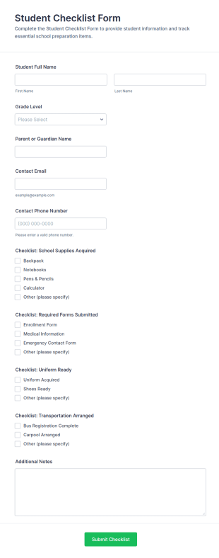 Student Checklist Form Template