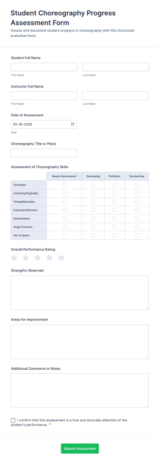 Student Choreography Progress Assessment Form Template