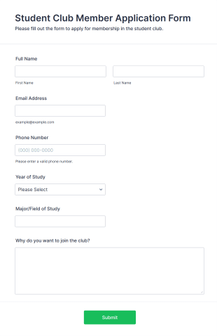 Student Club Member Application Form Template