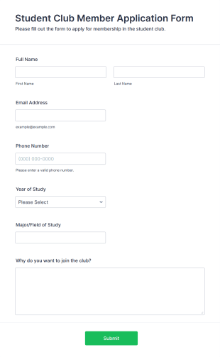 Student Club Member Application Form Template