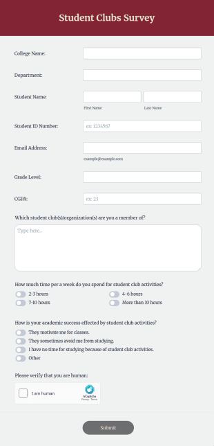 Student Clubs Survey Form Template