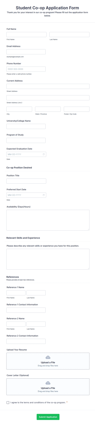 Student Co Op Form Template