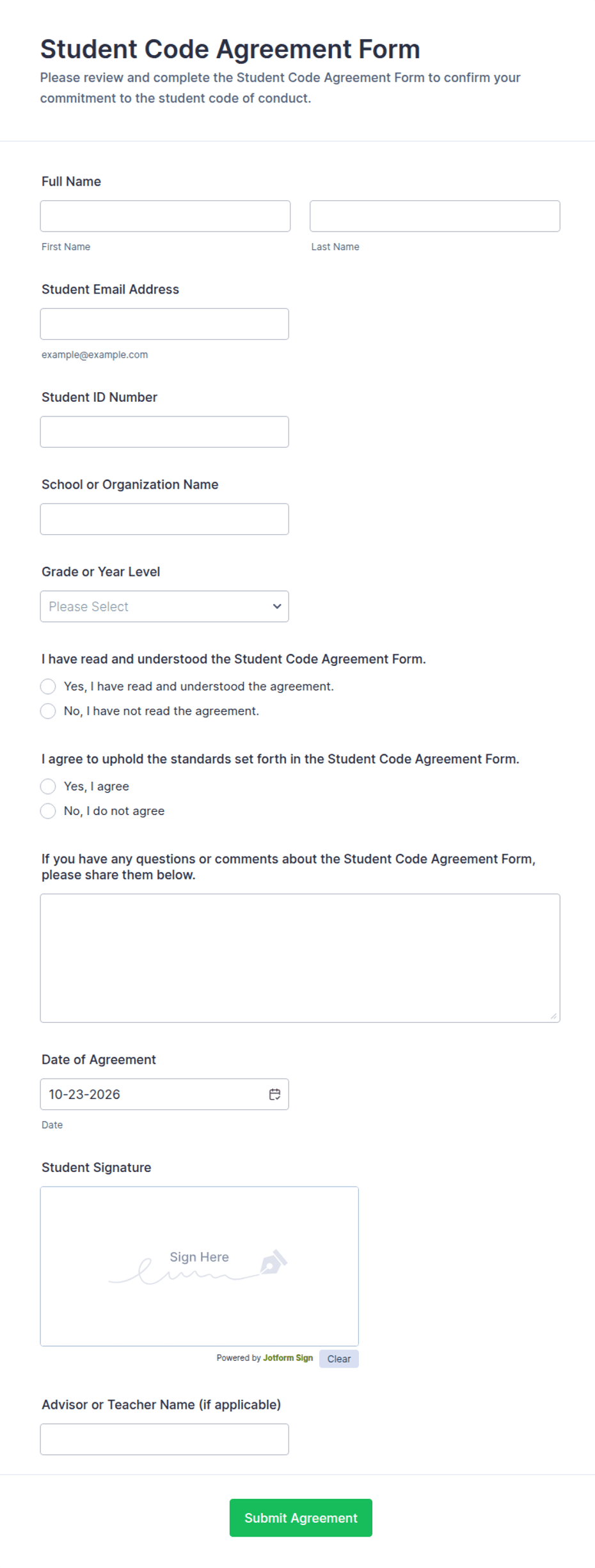 Student Code Agreement Form Template | Jotform