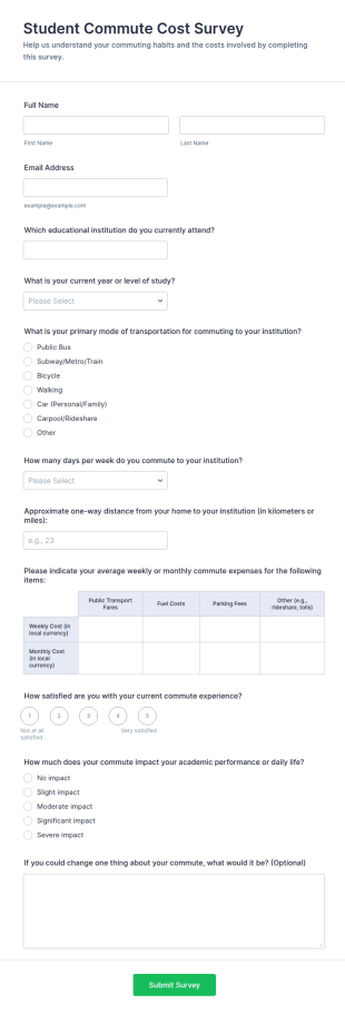 Student Commute Cost Survey Form Template