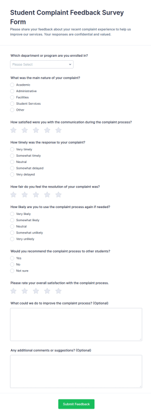 Student Complaint Feedback Survey Form Template