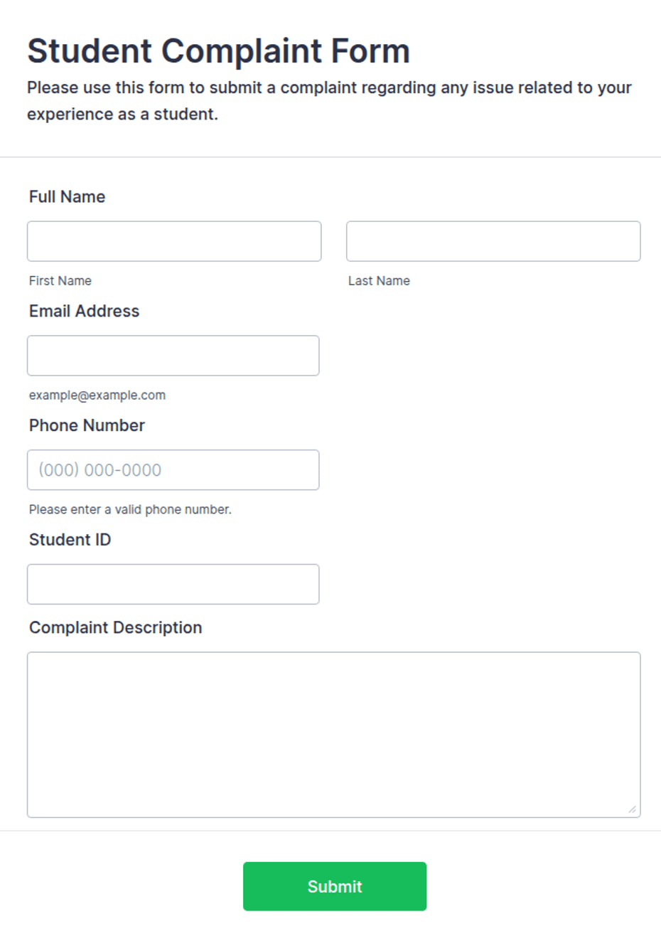 Student Problem Form Student Complaint Form Template | Jotform