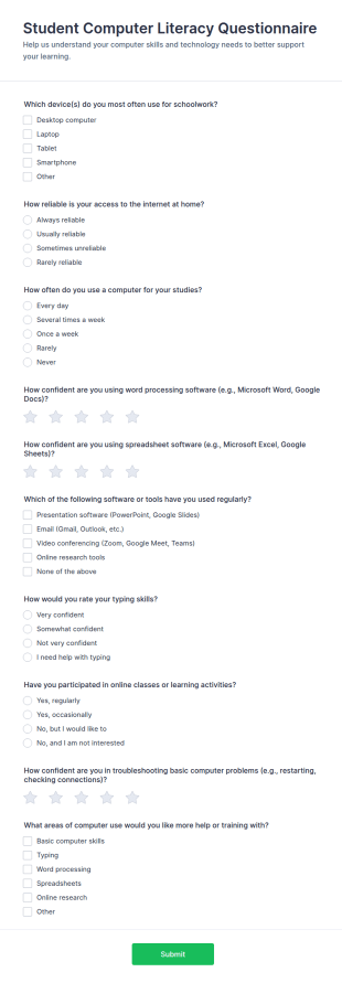 Student Computer Literacy Questionnaire Form Template