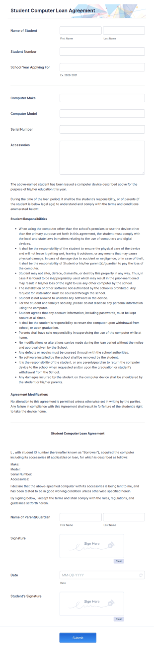 Student Computer Loan Agreement Form Template
