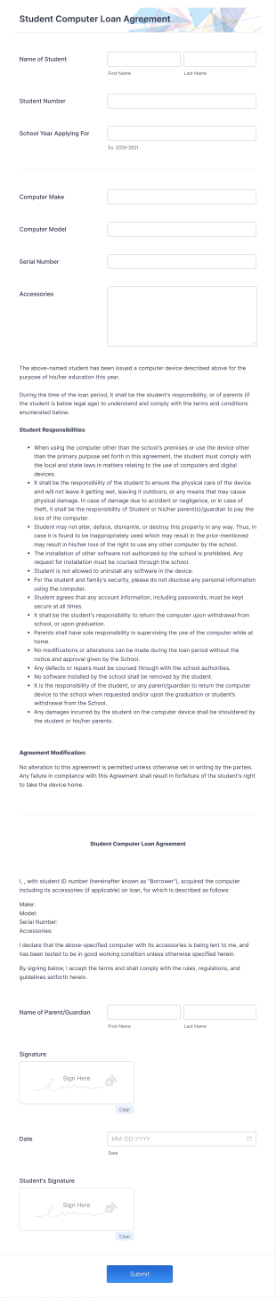 Student Computer Loan Agreement Form Template