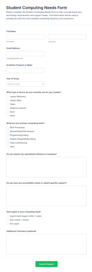 Student Computing Needs Form Template