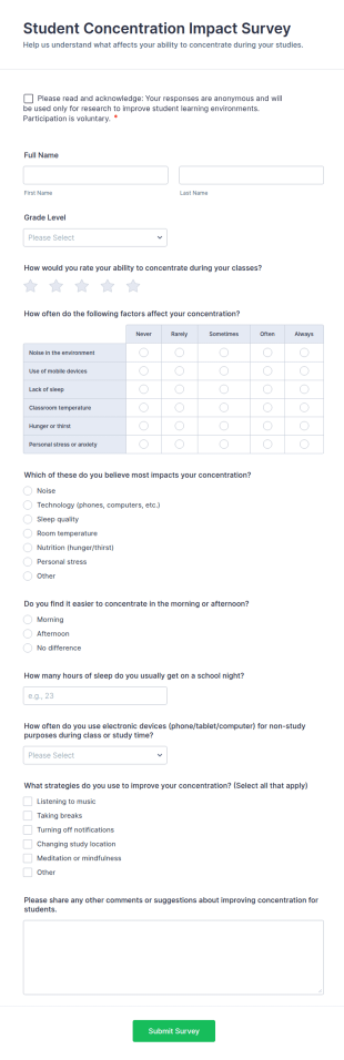 Student Concentration Impact Survey Form Template