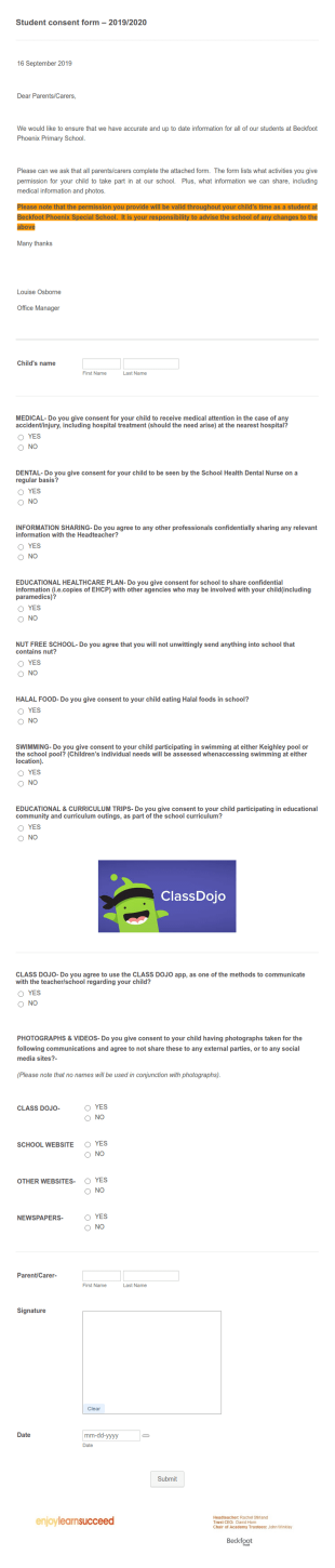 Student Consents 2019 2020 Form Template