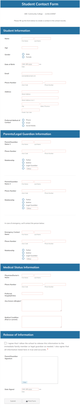 Student Contact Form Template