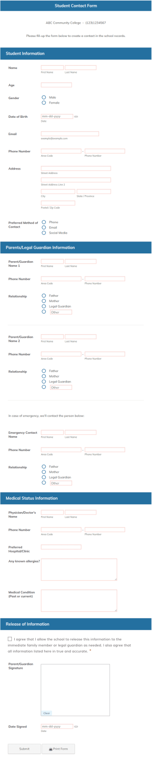Student Contact Form Template