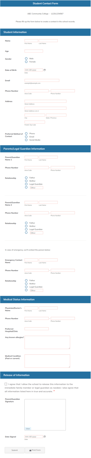Student Contact Form Template