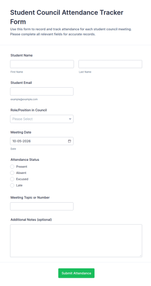 Student Council Attendance Tracker Form Template