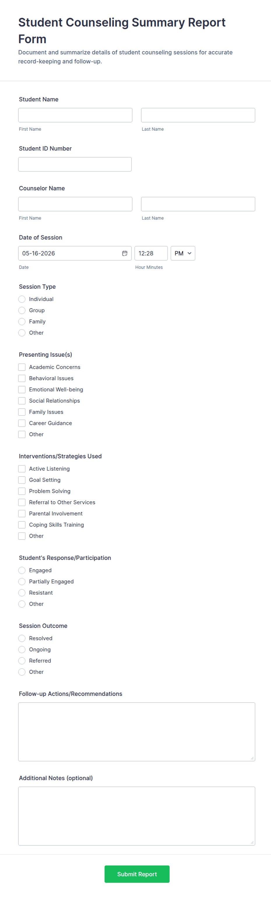 Student Counseling Summary Report Form Template | Jotform