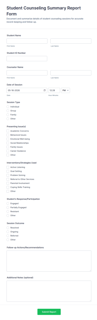 Student Counseling Summary Report Form Template