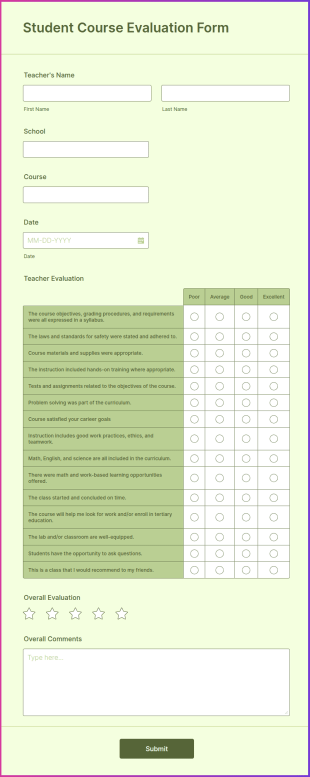 Student Course Evaluation Form Template