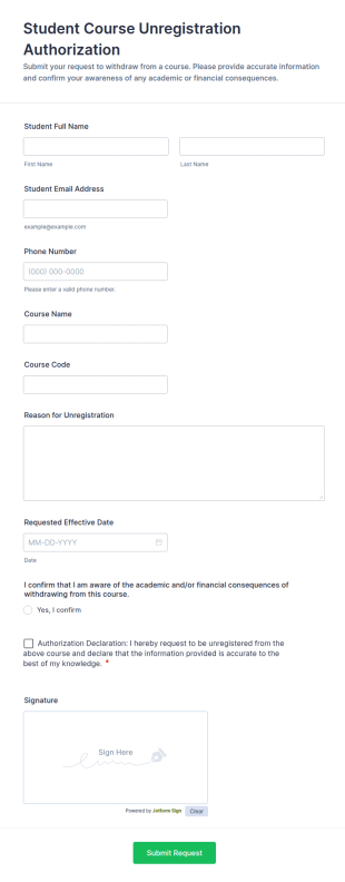Student Course Unregistration Authorization Form Template