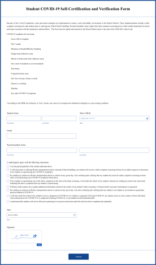 Student COVID 19 Self Certification And Verification Form Template