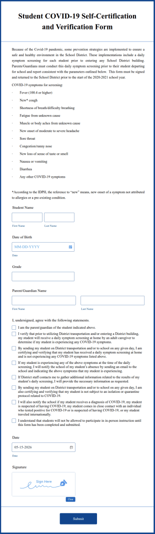 Student COVID 19 Self Certification And Verification Form Template